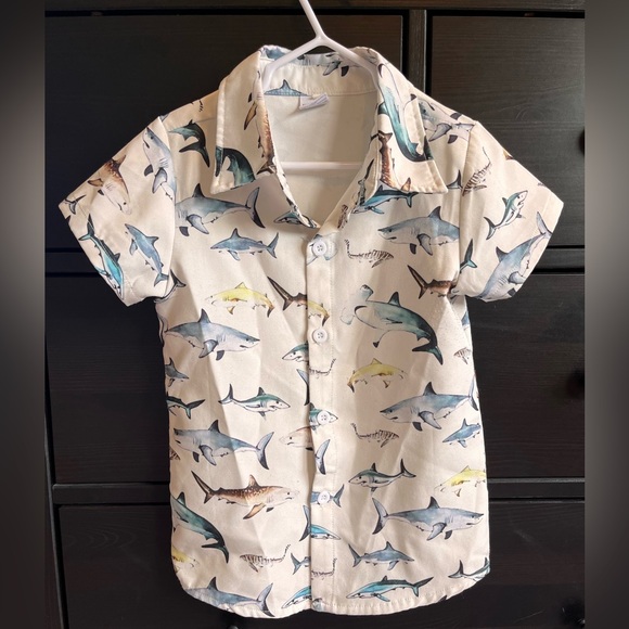 Kids Shark Print Button Down Shirt - Cream - Picture 1 of 1